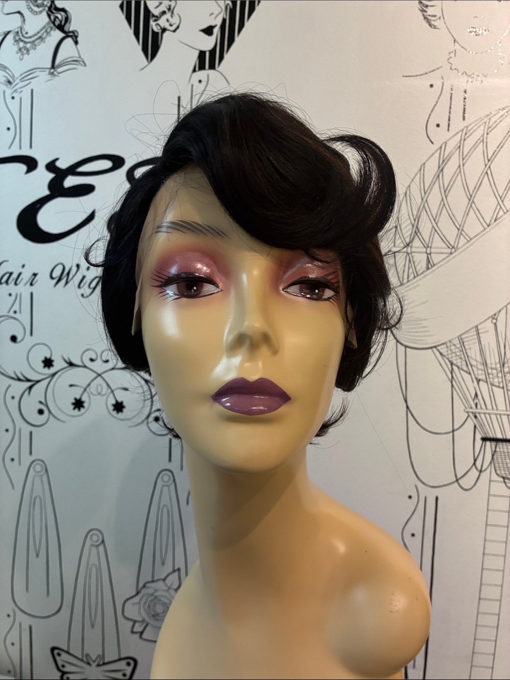 Short Black and brown Women’s Pixie Wig - Sleek Side-Swept Style